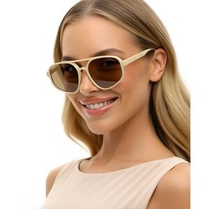Women's Aviator Sunglasses Cream Beige Tinted Lenses Double Bridge Style Gafas